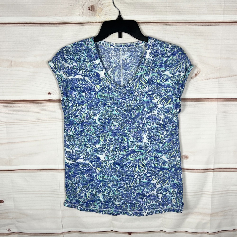 T by Talbots Top Womens XS Blue Paisley Print T-Shirt Scoop Neck Cap Sleeve Knit